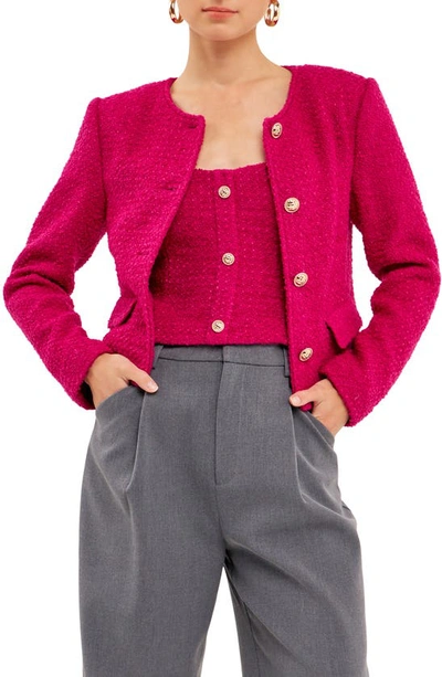Endless Rose Round Neck Bouclé Crop Jacket In Berry