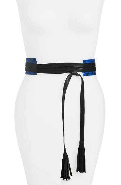 Raina Tassel Leather Wrap Belt In Black/blue Snake