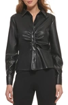DKNY RUCHED FAUX LEATHER BUTTON-UP BLOUSE