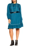 City Chic Precious Belted Long Sleeve A-line Dress In Teal