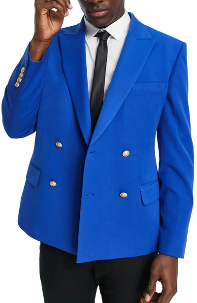Asos Design Wedding Skinny Blazer With Gold Buttons In Blue