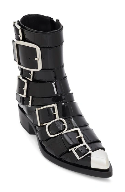 Alexander Mcqueen Punk Patent Multi Buckle Ankle Booties In Black/silver