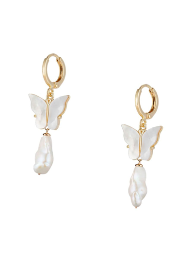 Eye Candy La Women's Manon Goldtone & Shell Pearl Butterfly Huggies Earrings In Brass