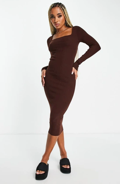 Asos Design Cutout Long Sleeve Midi Dress In Brown