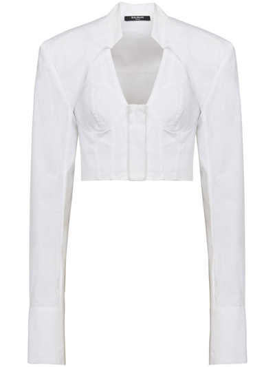 Balmain Cropped Cotton Poplin Corset Top In White