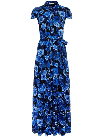 Alice And Olivia Miranda Tiered Floral-print Voile Maxi Shirt Dress In Blue