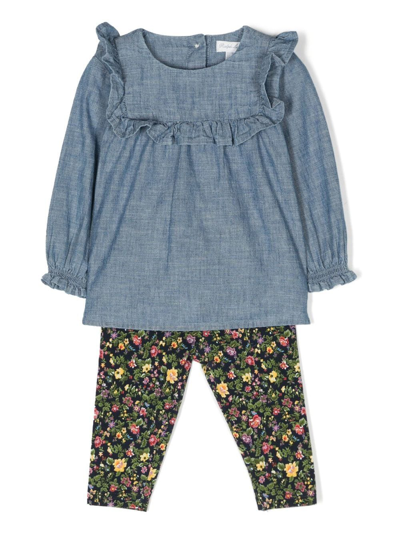Ralph Lauren Babies' Denim Top And Floral-print Leggings Set In Blue