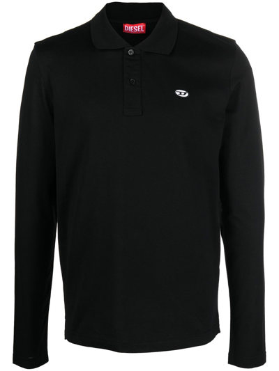 Diesel Logo Embroidered Long-sleeve Polo Shirt In Black
