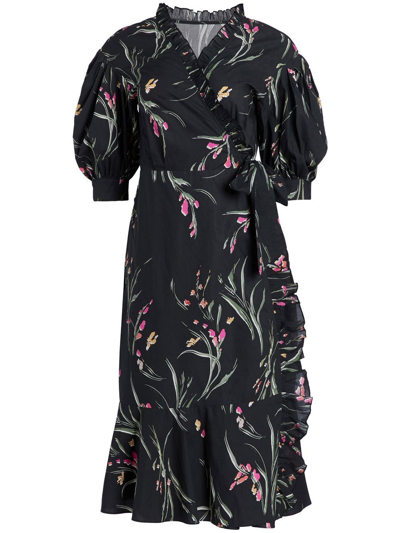 Marchesa Notte Floral-print Wrap Dress In Black