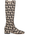 Valentino Garavani Toile Iconographe Leather Boots In Beige