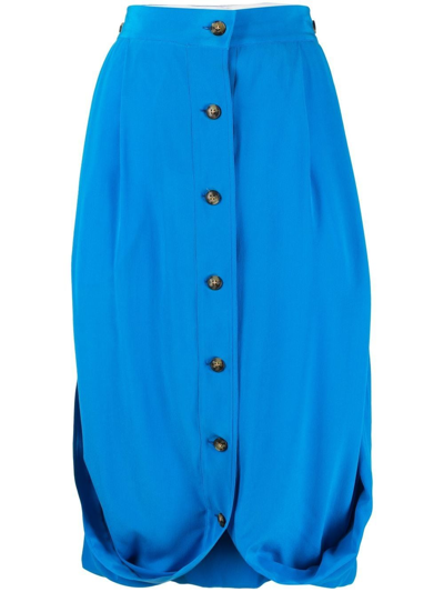 Quira High-waisted Buttoned Silk Skirt In Blue