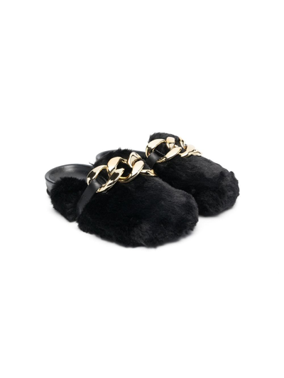 Florens Kids' Chain-trim Faux-fur Slippers In Black