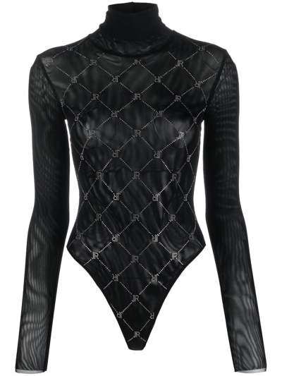John Richmond Embellished-logo Sheer Bodysuit In Black