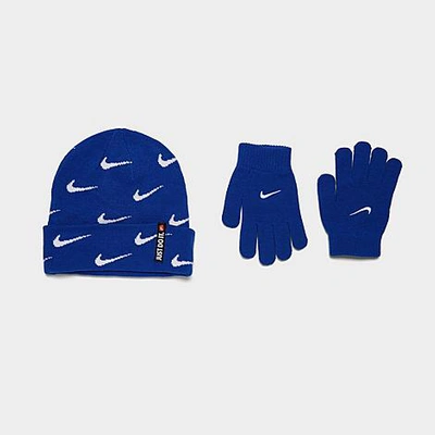 Nike Babies'  Infant Swoosh Repeat Allover Print Beanie And Gloves Set In Game Royal/white
