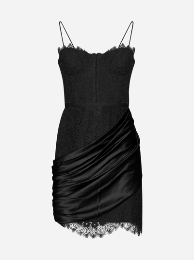 Alice And Olivia Rose Lace Bustier Mini Dress W/ Asymmetric Drape In Black