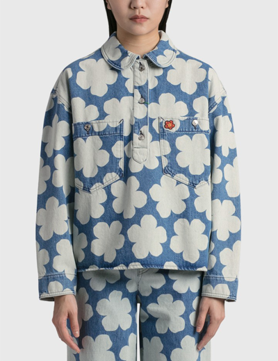 Kenzo Hana Dots-print Denim Polo Shirt In Bleu