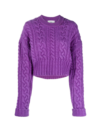 Ami Alexandre Mattiussi Ami Paris Cable Knitted Cropped Sweater In Purple