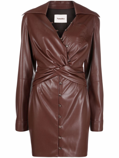 Nanushka Marto Faux Leather Twisted Button-front Mini Dress In Brown