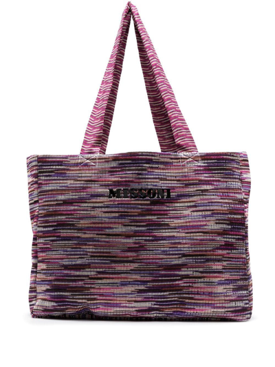 Missoni Embroidered-logo Knitted Tote Bag In 紫色