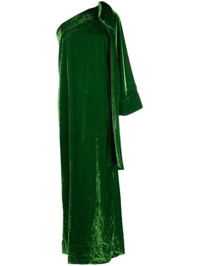 Bernadette Velvet One-shoulder Column Gown With Shoulder Bow In Green