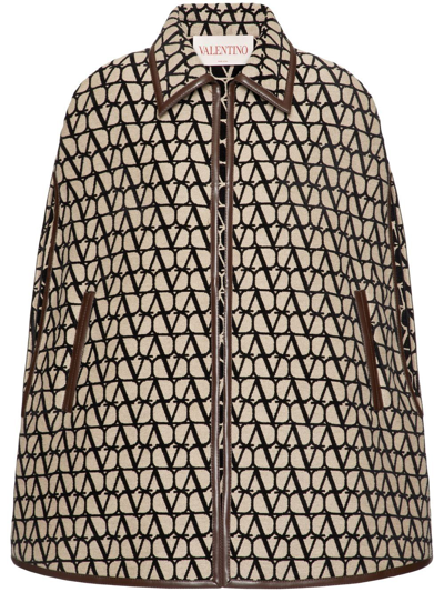 Valentino Leather-trimmed Canvas-jacquard Cape In Beige
