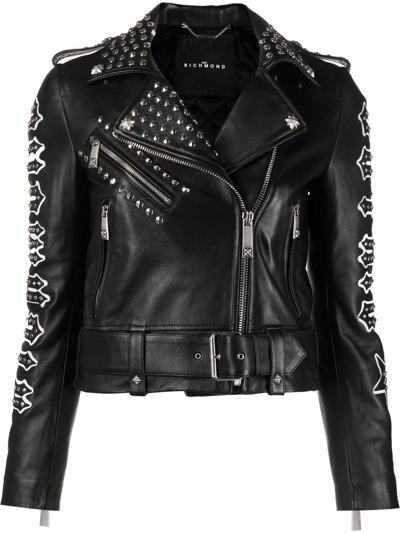 John Richmond Appliqué-logo Leather Biker Jacket In 黑色