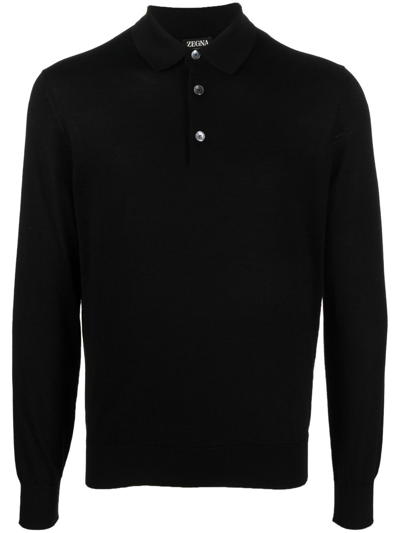 Zegna Cashseta Essential Long Sleeve Regular Fit Polo Shirt In Black