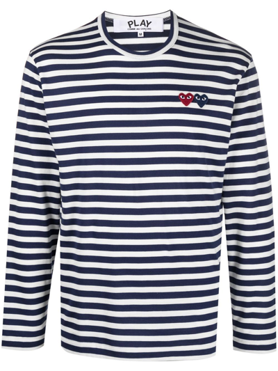 Comme Des Garçons Play Logo-patch Striped Cotton T-shirt In Navy,white