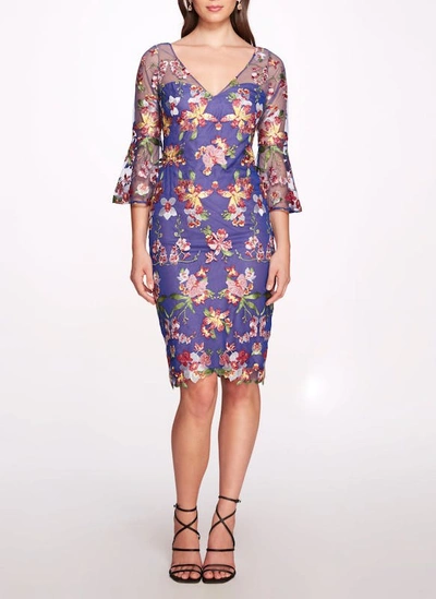 Marchesa Notte Floral-embroidered Tulle Cocktail Dress In Blue