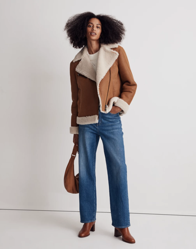 Madewell Oversized Shearling Motorcycle Jacket In Acorn