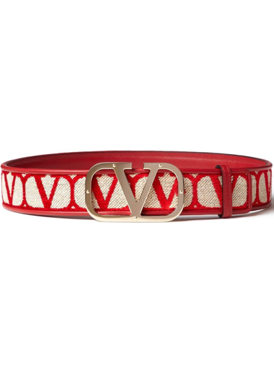 Valentino Garavani Vlogo 40 Reversible Toile Iconographe Canvas & Leather Belt In Beige/red