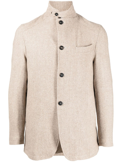 Isaia High-neck Collarless Jacket In Brown