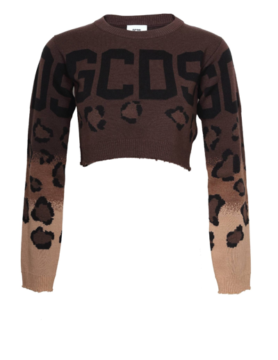 Gcds Leopard Wool-blend Cropped Sweater In Brown