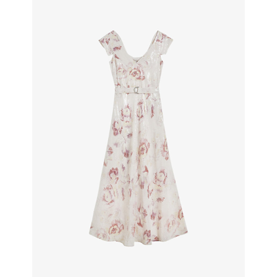 Ted Baker Ninia Floral-print Belted Woven Midaxi Dress In Ivory