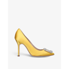 MANOLO BLAHNIK MANOLO BLAHNIK WOMEN'S YELLOW HANGISI 105 BUCKLE-EMBELLISHED SATIN COURTS