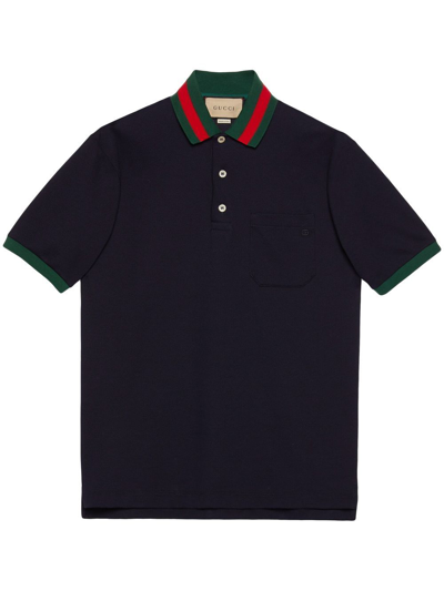 Gucci Polo Con Colletto Web In Navy,multicolor