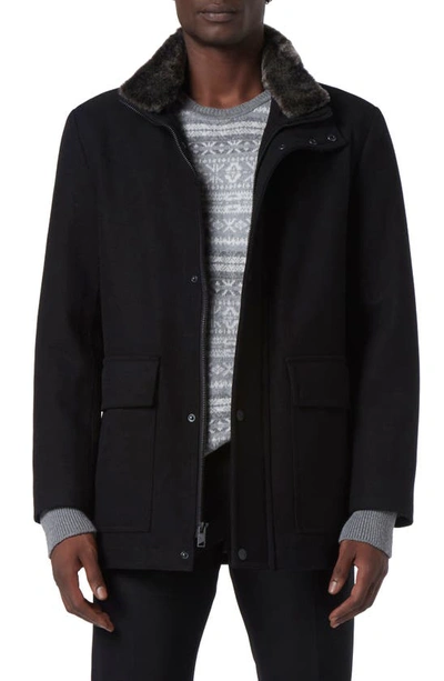 Andrew Marc Wool Blend Faux Fur Collared Jacket In Black
