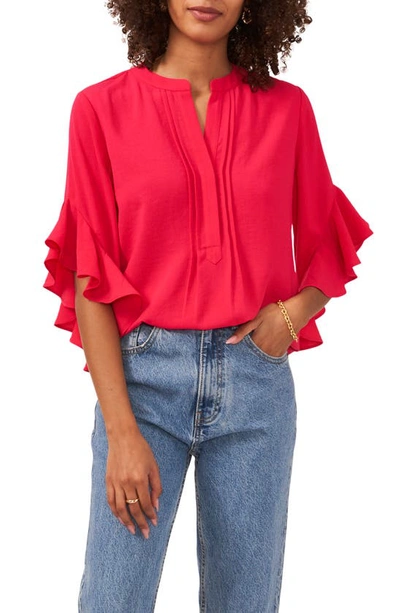 Vince Camuto Ruffle Sleeve Split Neck Blouse In Geranium