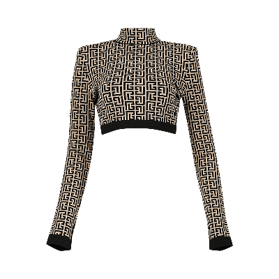 Pre-owned Balmain Monogram High Neck Knit Cropped Pullover 'black/white' In Multi-color
