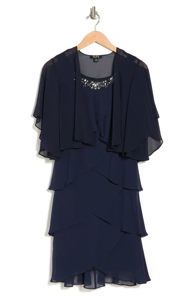 Sl Fashions Chiffon Tier Jacket & Dress Set In Nav