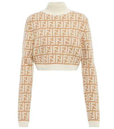 Fendi Monogram Jacquard Cropped Knit Jumper In Camel