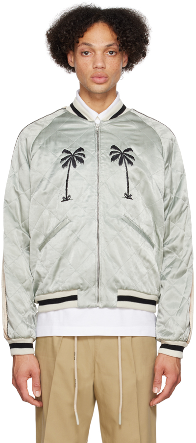 Palm Angels Quilted Life Is Palm Embroidered Satin Souvenir Jacket In Grey,black