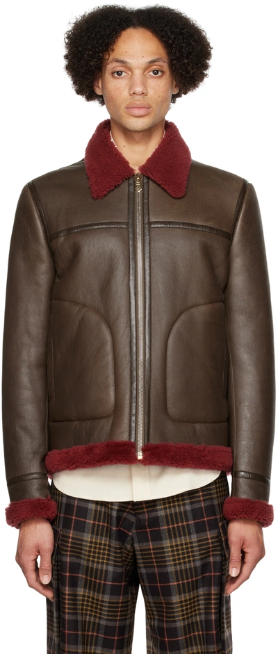 Paul Smith Shearling-trimmed Leather Jacket In Brown