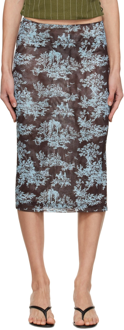 Miaou Brown & Blue Moni Midi Skirt In Chocolate Toile