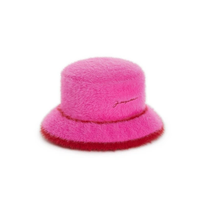 Jacquemus Le Bob Neve Embroidered Striped Faux Fur Bucket Hat In Pink