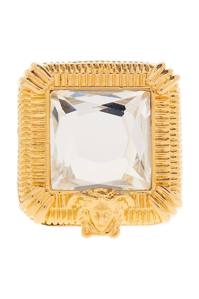 Versace Embellished Square Ring In Gold