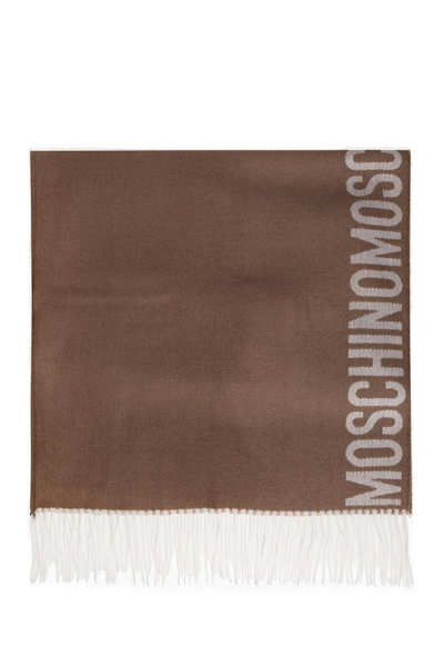 Moschino Logo Printed Fringed Scarf In Brown