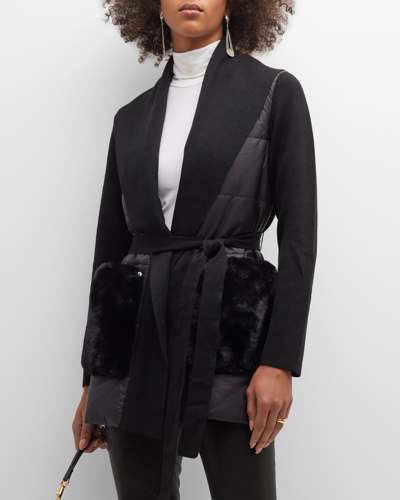 Kobi Halperin Quilted Mixed Media Belted Cardigan In Black