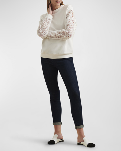 Anne Fontaine Cambo Lace-sleeve Crewneck Sweatshirt In Moon White