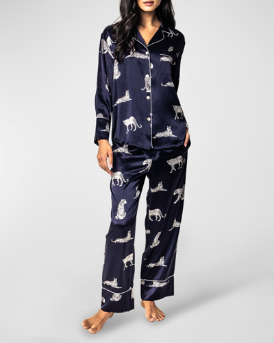 Petite Plume Panthere De Nuit Printed Silk Pajama Set In Navy